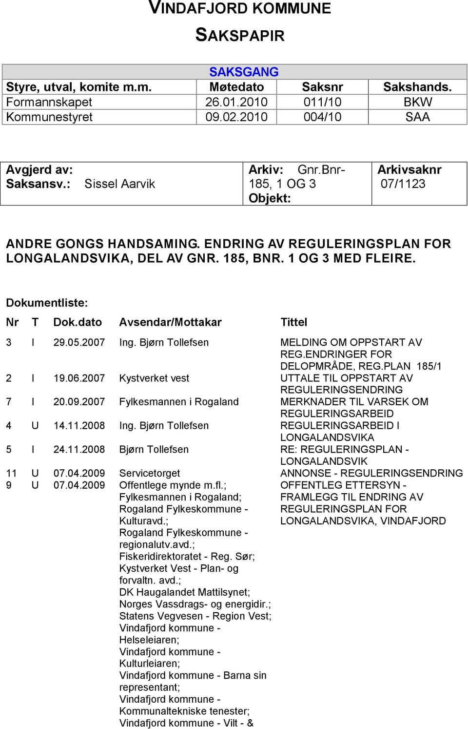 dato Avsendar/Mottakar Tittel 3 I 29.05.2007 Ing. Bjørn Tollefsen MELDING OM OPPSTART AV REG.ENDRINGER FOR DELOPMRÅDE, REG.PLAN 185/1 2 I 19.06.