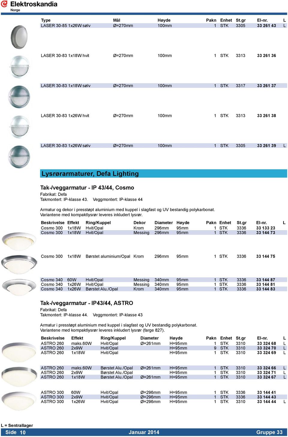 hvit Ø=270mm 100mm 1 STK 3313 33 261 38 LASER 30-83 1x26W sølv Ø=270mm 100mm 1 STK 3305 33 261 39 L Lysrørarmaturer, Defa Lighting Tak-/veggarmatur - IP 43/44, Cosmo Fabrikat: Defa Takmontert: