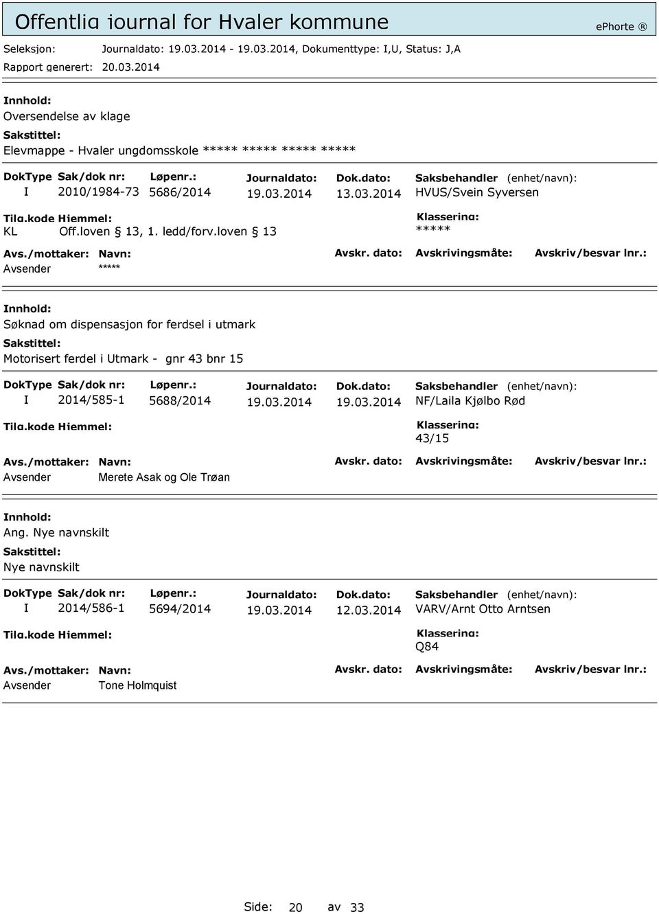 loven 13 ***** Søknad om dispensasjon for ferdsel i utmark Motorisert ferdel i Utmark - gnr 43 bnr 15 2014/585-1 5688/2014