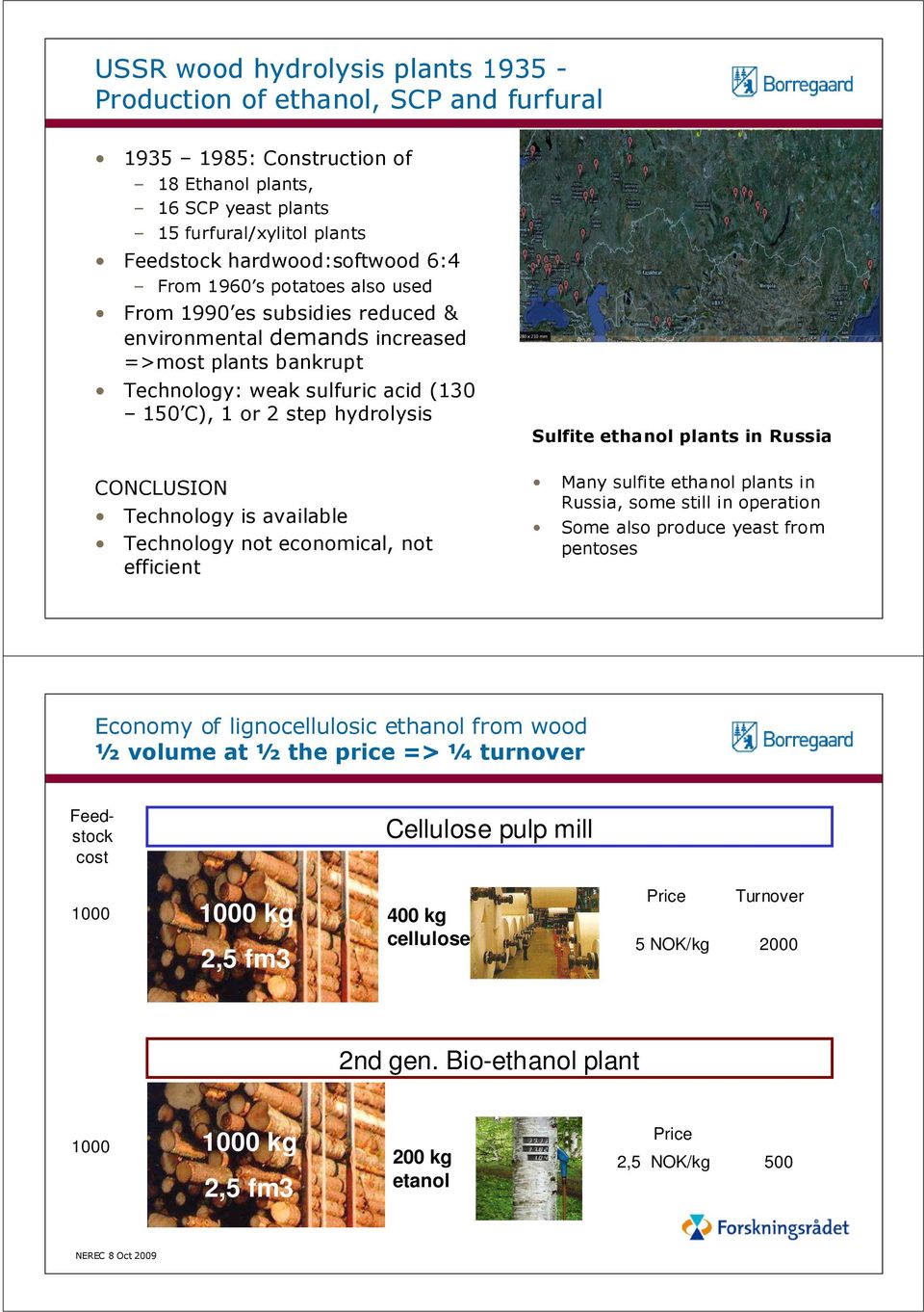 Technology is available Technology not economical, not efficient Sulfite ethanol plants in Russia Many sulfite ethanol plants in Russia, some still in operation Some also produce yeast from pentoses