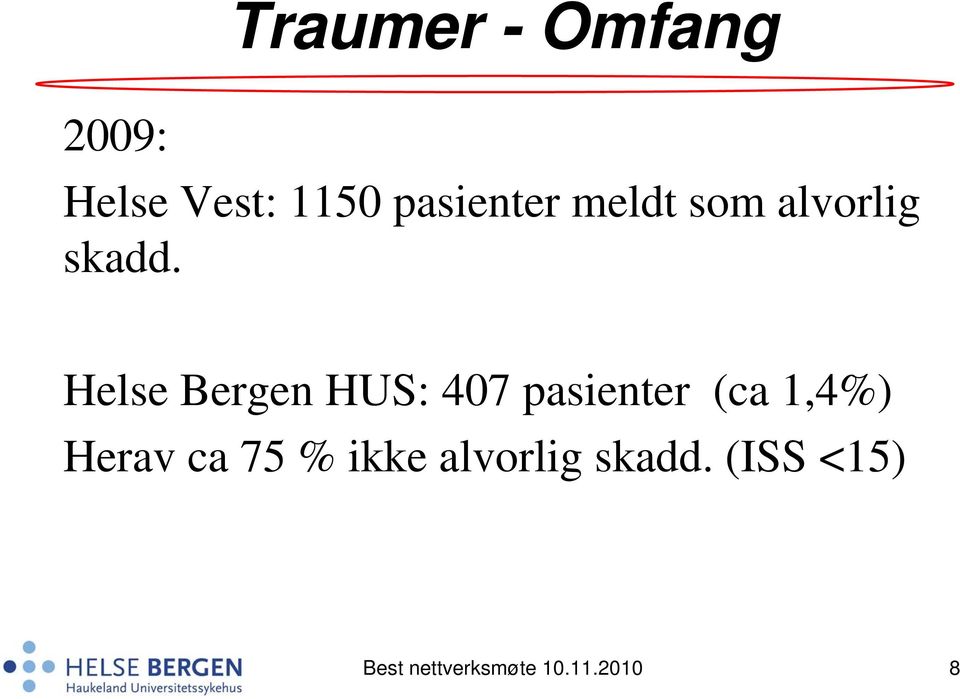 Helse Bergen HUS: 407 pasienter (ca 1,4%) Herav