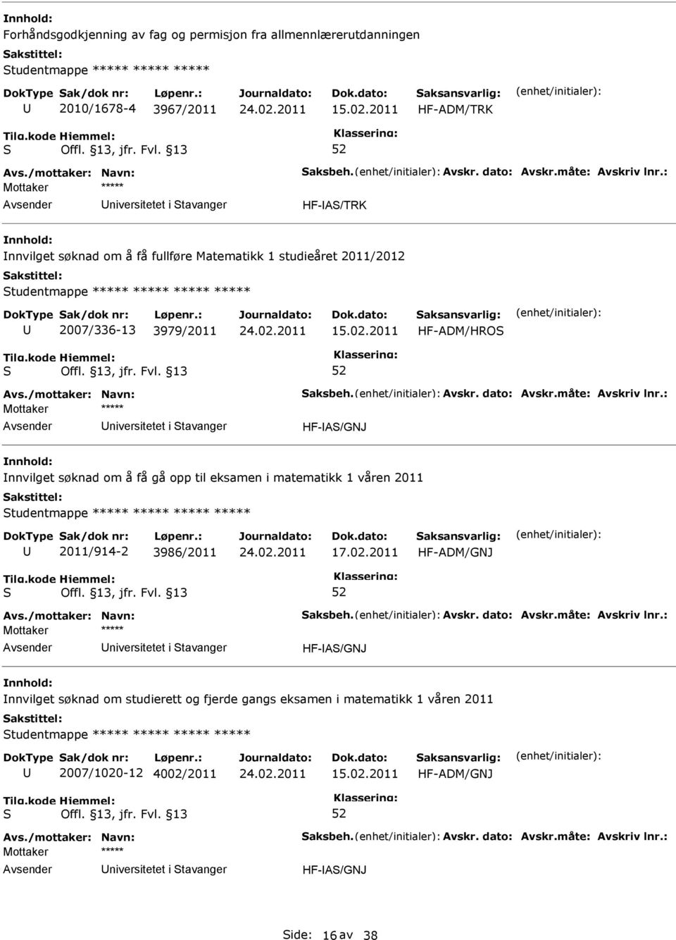 2011 HF-ADM/HRO niversitetet i tavanger HF-A/GNJ nnvilget søknad om å få gå opp til eksamen i matematikk 1 våren 2011 tudentmappe 2011/914-2 3986/2011 17.02.