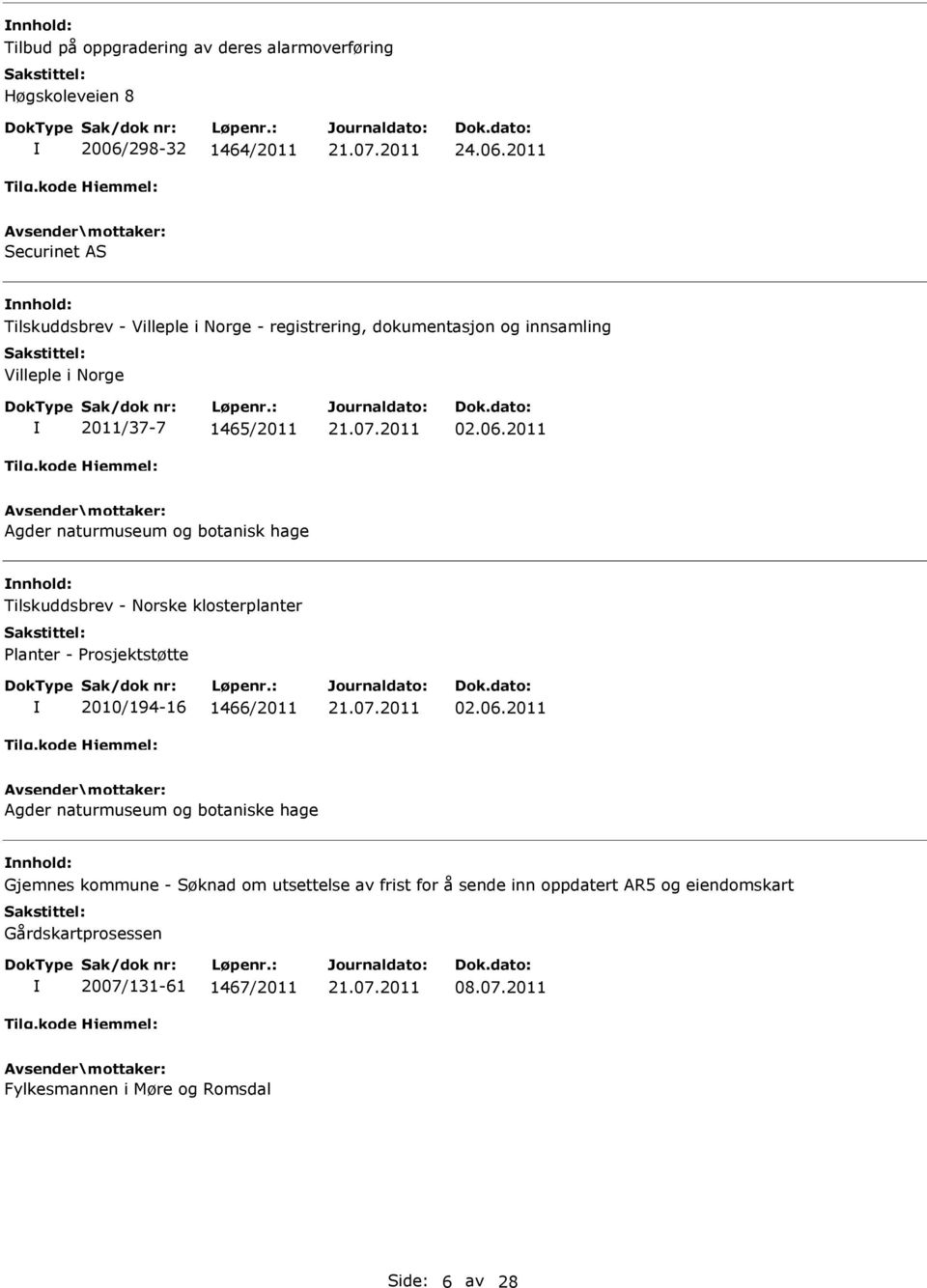 2011 Securinet AS Tilskuddsbrev - Villeple i Norge - registrering, dokumentasjon og innsamling Villeple i Norge 2011/37-7 1465/2011 02.06.