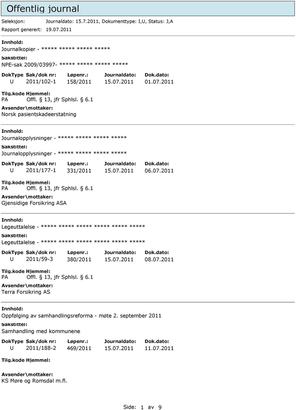 2011 Journalopplysninger - ***** ***** ***** ***** Journalopplysninger - ***** ***** ***** ***** 2011/177-1 331/2011 Gjensidige Forsikring ASA 06.07.