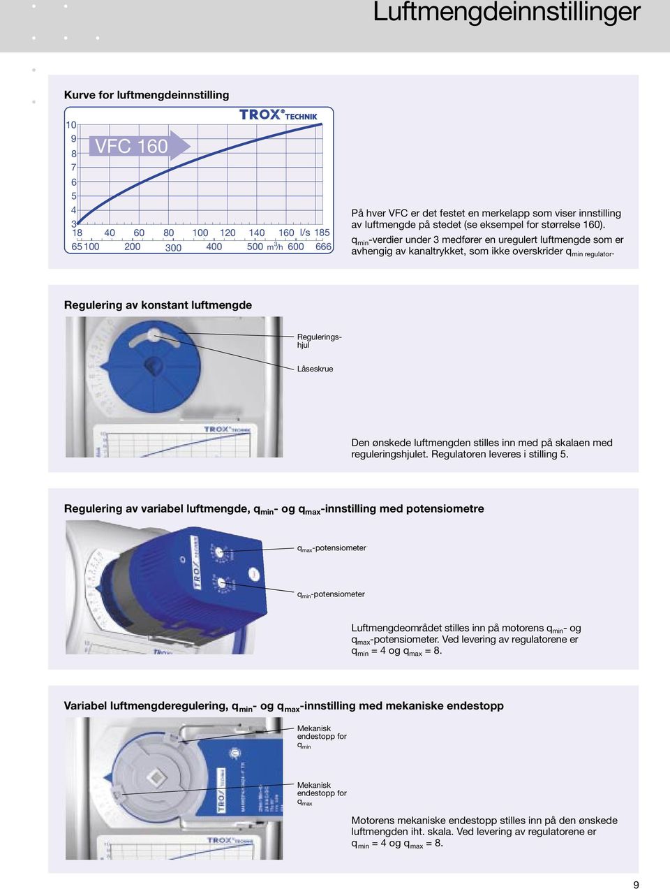 q min -verdier under 3 medfører en uregulert luftmengde som er avhengig av kanaltrykket, som ikke overskrider q min regulator.