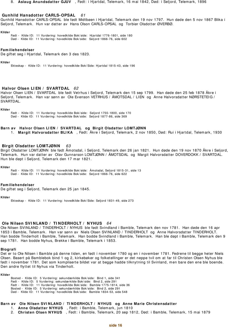 Født - Kilde ID: 11 Vurdering: hovedkilde Bok/side: Hjartdal 1776-1801, side 180 Død - Kilde ID: 11 Vurdering: hovedkilde Bok/side: Seljord 1866-76, side 602 De giftet seg i Hjartdal, Telemark den 3