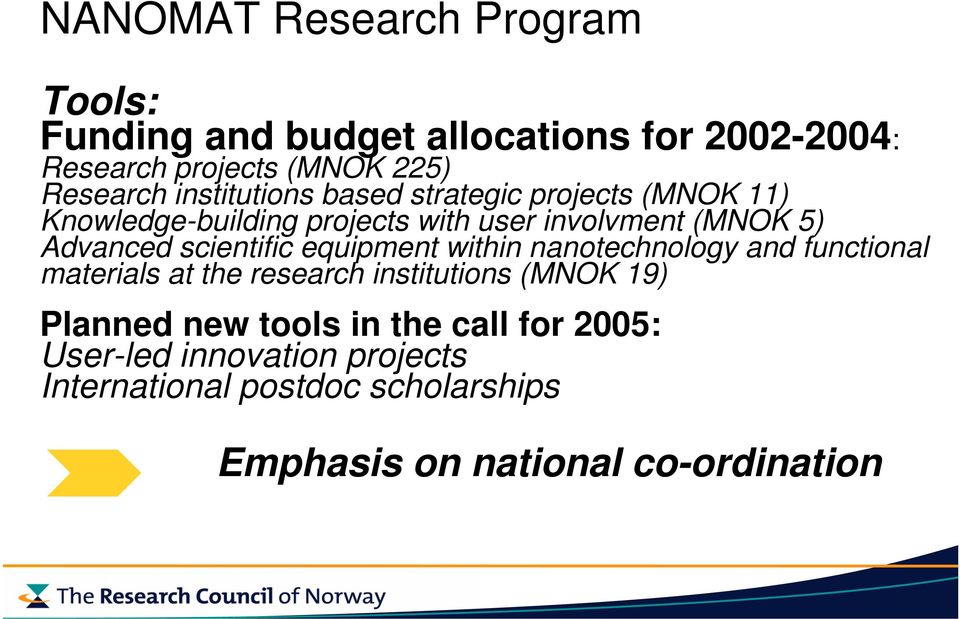 scientific equipment within nanotechnology and functional materials at the research institutions (MNOK 19) Planned new