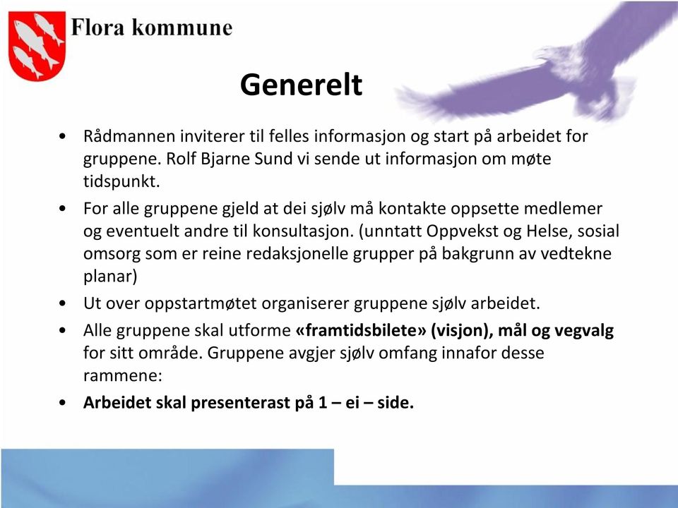 (unntatt Oppvekst og Helse, sosial omsorg som er reine redaksjonelle grupper på bakgrunn av vedtekne planar) Ut over oppstartmøtet organiserer