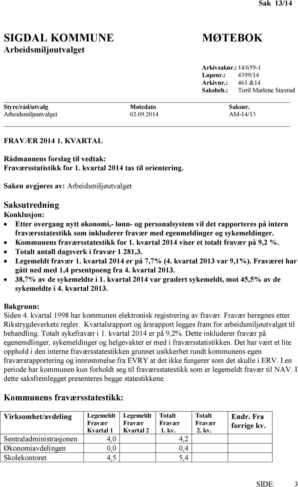 Saken avgjøres av: Arbeidsmiljøutvalget Saksutredning Konklusjon: Etter overgang nytt økonomi,- lønn- og personalsystem vil det rapporteres på intern fraværsstatestikk som inkluderer fravær med