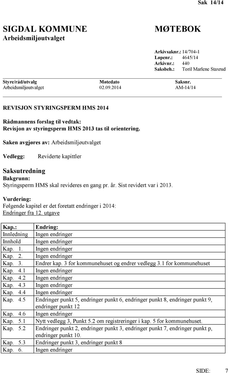 Saken avgjøres av: Arbeidsmiljøutvalget Vedlegg: Reviderte kapittler Saksutredning Bakgrunn: Styringsperm HMS skal revideres en gang pr. år. Sist revidert var i 2013.