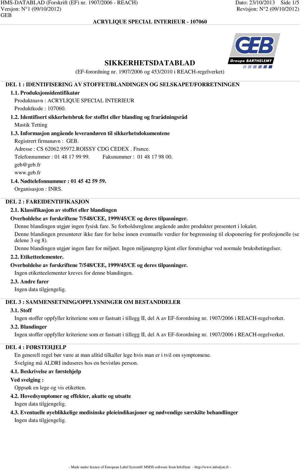 1.2. Identifisert sikkerhetsbruk for stoffet eller blanding og frarådningsråd Mastik Tetting 1.3. Informasjon angående leverandøren til sikkerhetsdokumentene Registrert firmanavn :.