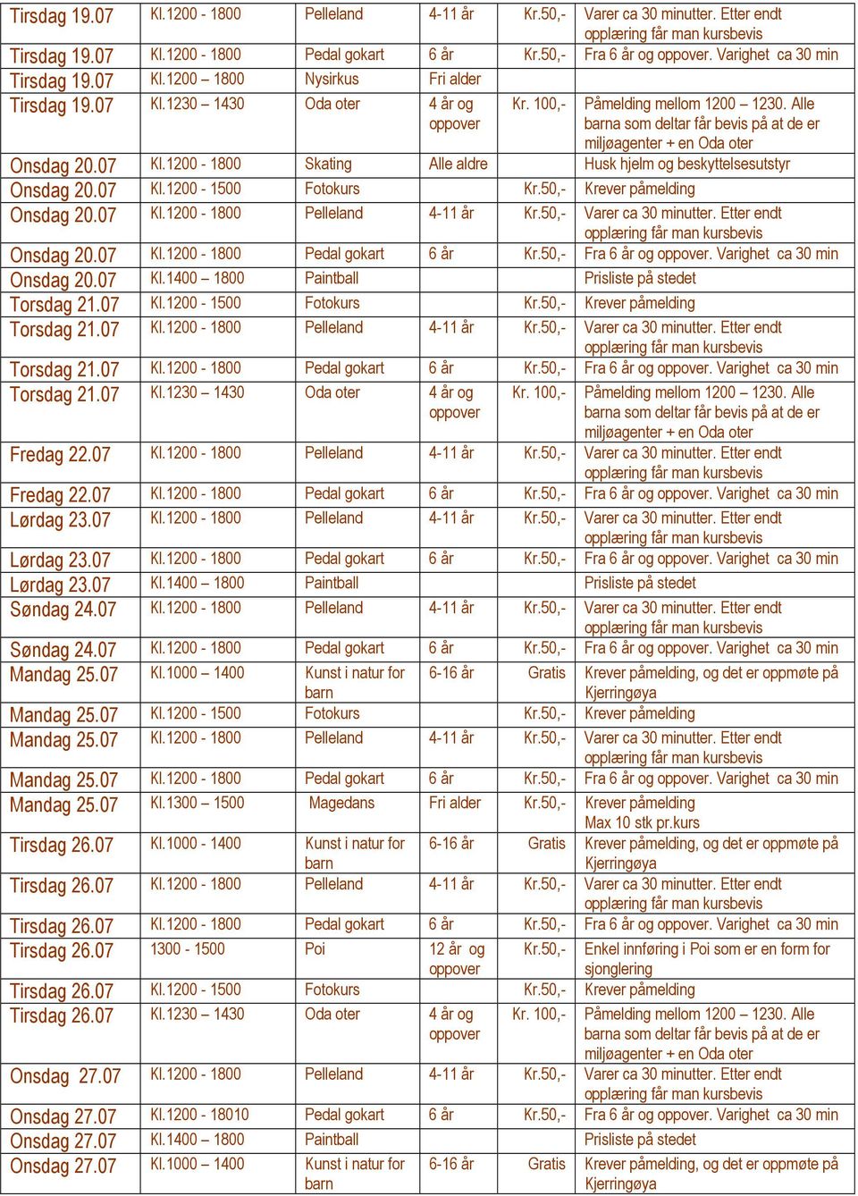 07 Fra og. Varighet ca 30 min Torsdag 21.07 Kl.1230 1430 Oda oter Fredag 22.07 Fredag 22.07 Fra og. Varighet ca 30 min Lørdag 23.07 Lørdag 23.07 Fra og. Varighet ca 30 min Lørdag 23.07 Kl.1400 1800 Søndag 24.