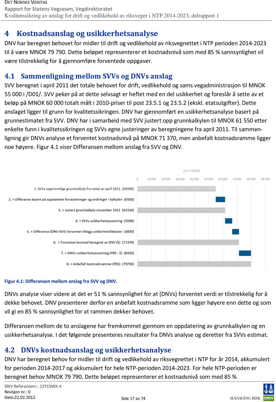 1 Sammenligning mellom SVVs og DNVs anslag SVV beregnet i april 2011 det totale behovet for drift, vedlikehold og sams vegadministrasjon til MNOK 55 000 i /D01/.