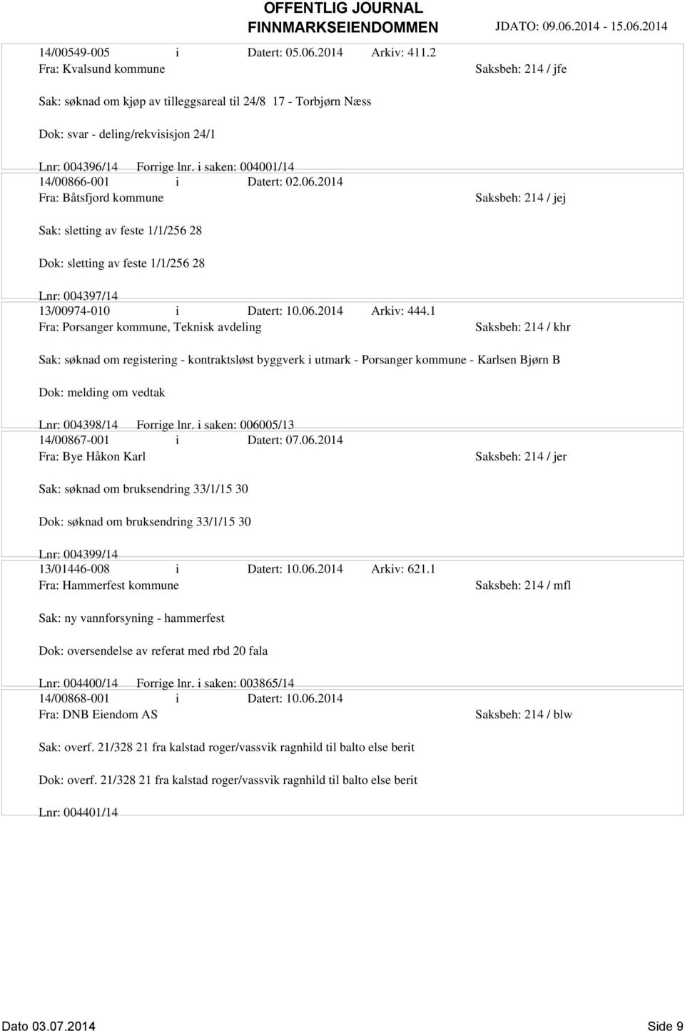 1 Fra: Porsanger kommune, Teknisk avdeling Saksbeh: 214 / khr Sak: søknad om registering - kontraktsløst byggverk i utmark - Porsanger kommune - Karlsen Bjørn B Dok: melding om vedtak Lnr: 004398/14