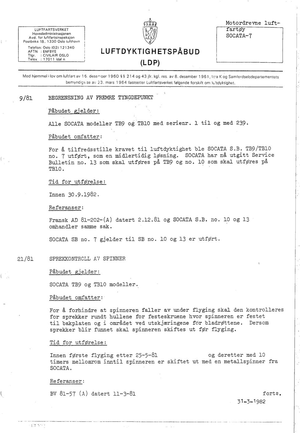 luftfart av 16 dese"''der 1960 214 og 43 jfr. kgl. res. av 8. desember 1961, ; :a K og Samferdselsdepartementets bemynd g~ se B': 3.