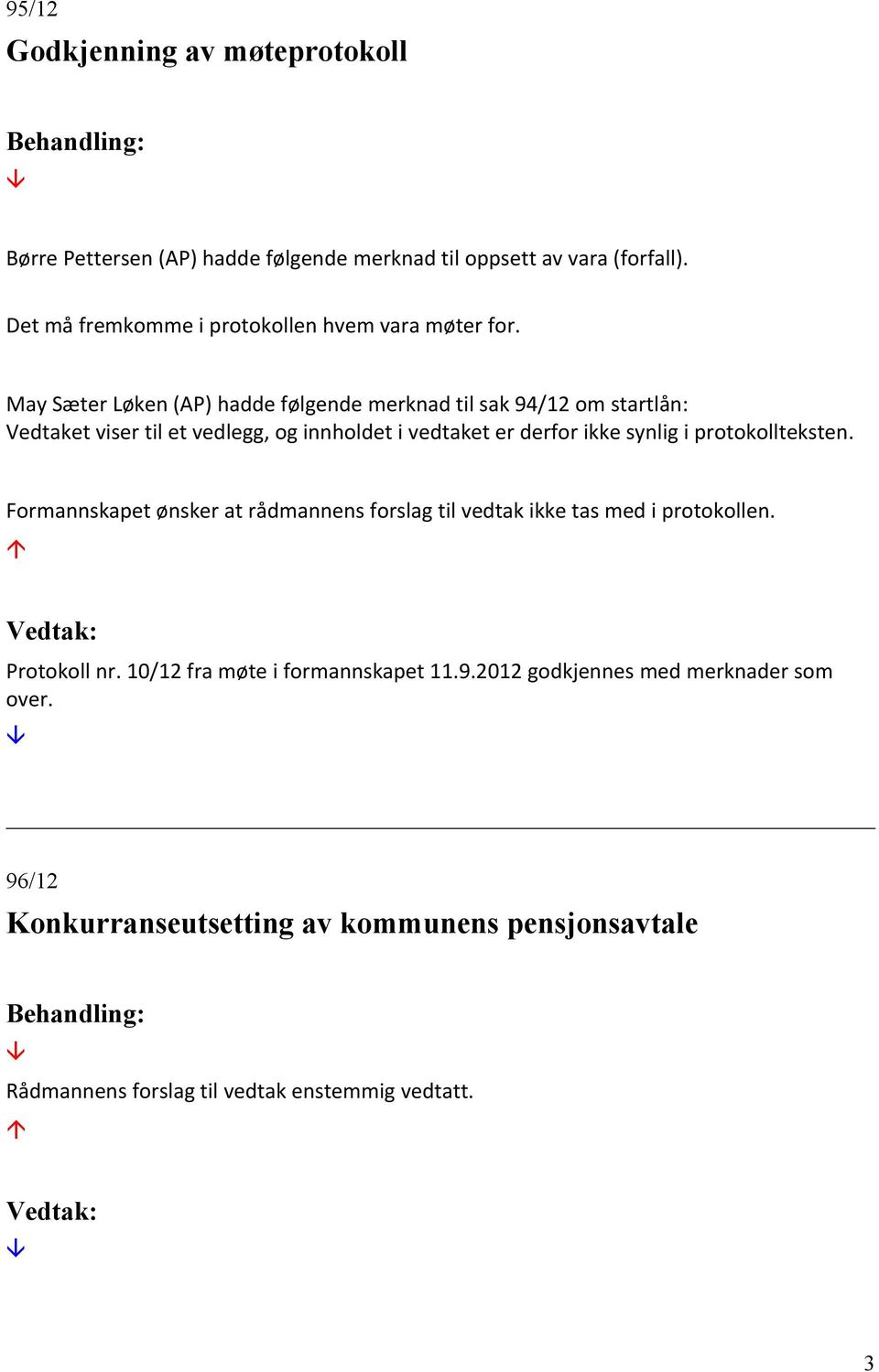 May Sæter Løken (AP) hadde følgende merknad til sak 94/12 om startlån: Vedtaket viser til et vedlegg, og innholdet i vedtaket er derfor ikke synlig i