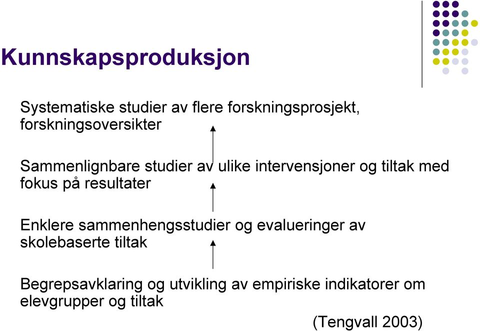 fokus på resultater Enklere sammenhengsstudier og evalueringer av skolebaserte