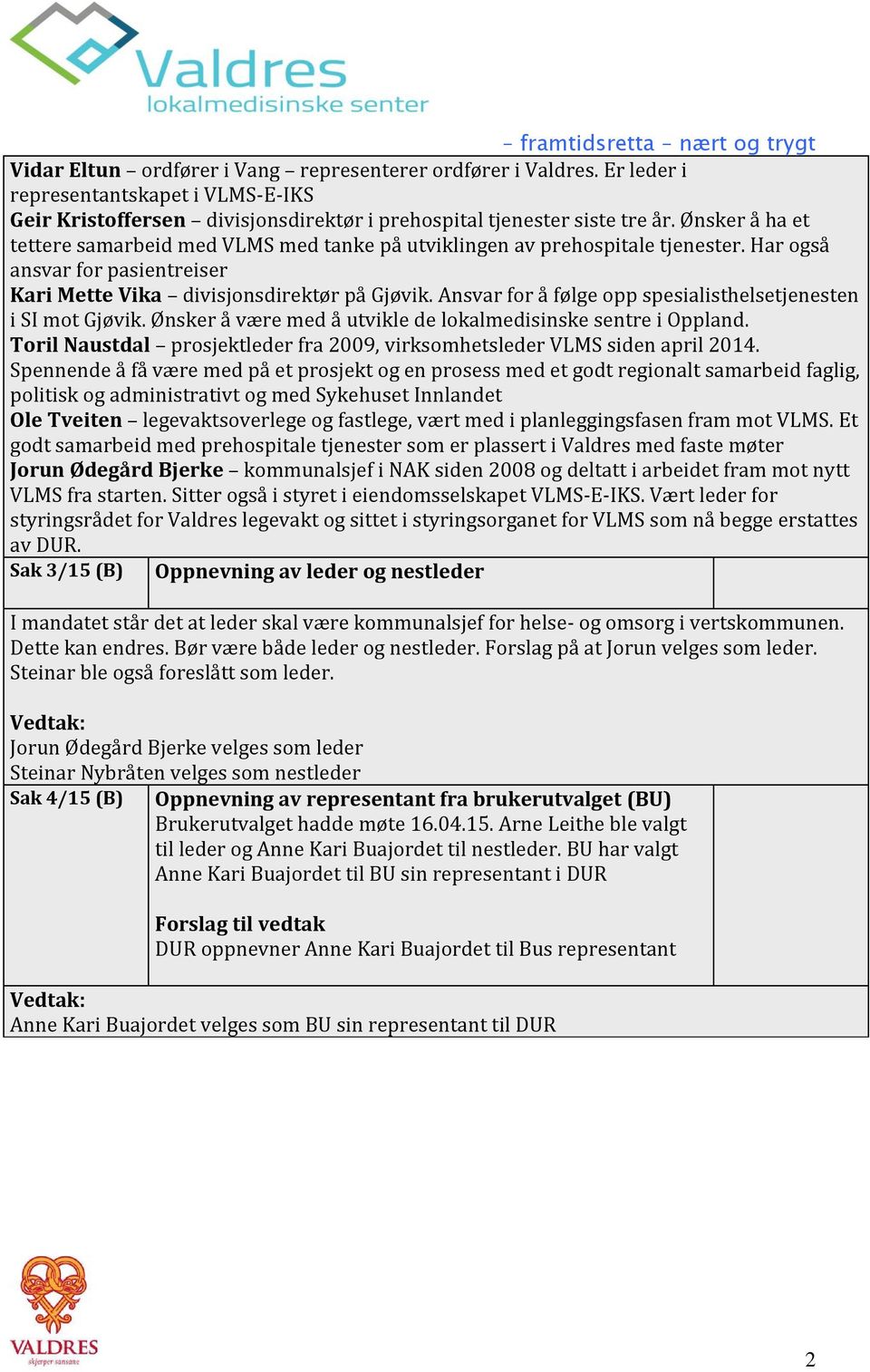 Ansvar for å følge opp spesialisthelsetjenesten i SI mot Gjøvik. Ønsker å være med å utvikle de lokalmedisinske sentre i Oppland.