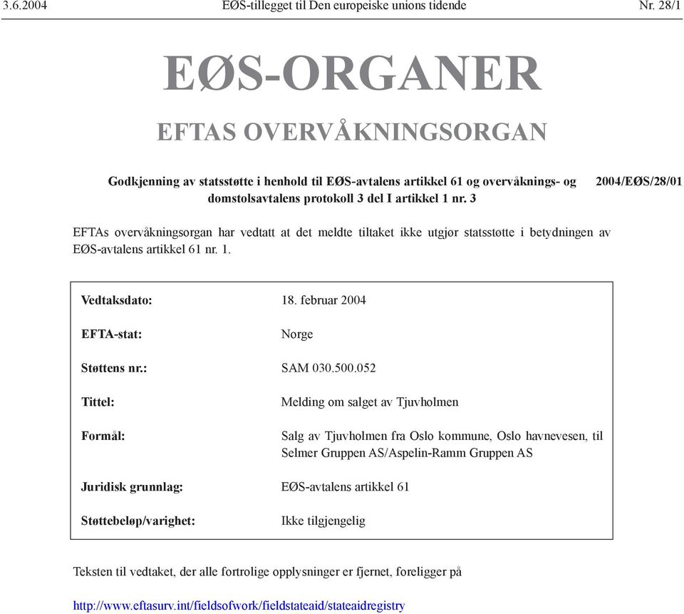 3 2004/EØS/28/01 EFTAs overvåkningsorgan har vedtatt at det meldte tiltaket ikke utgjør statsstøtte i betydningen av EØS-avtalens artikkel 61 nr. 1. Vedtaksdato: 18.