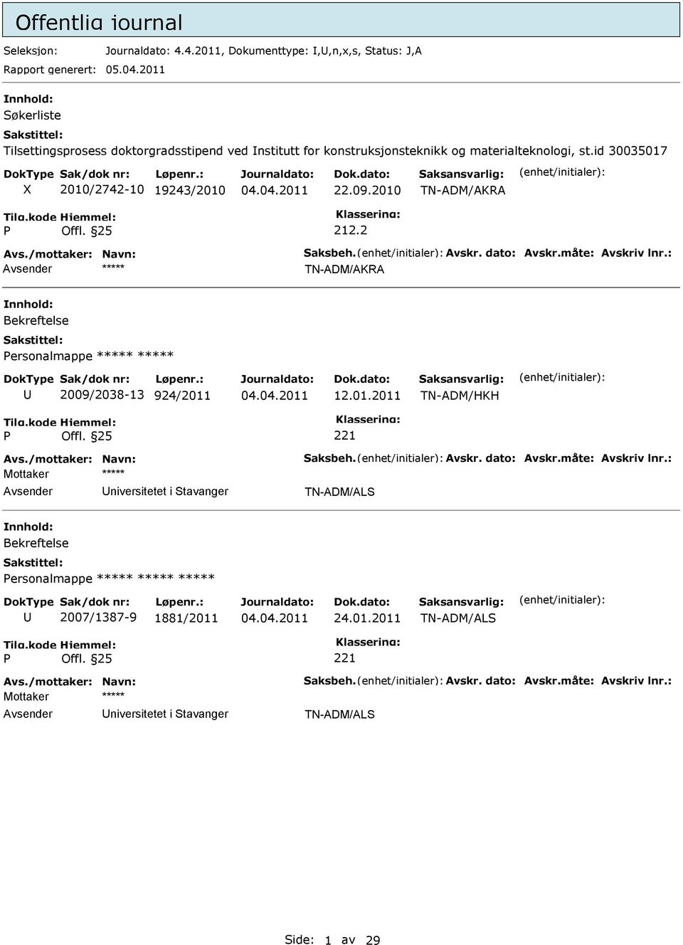 /mottaker: Navn: aksbeh. Avskr. dato: Avskr.måte: Avskriv lnr.: ***** TN-ADM/AKRA Bekreftelse ersonalmappe ***** ***** 2009/2038-13 924/2011 12.01.2011 TN-ADM/HKH 221 Avs.