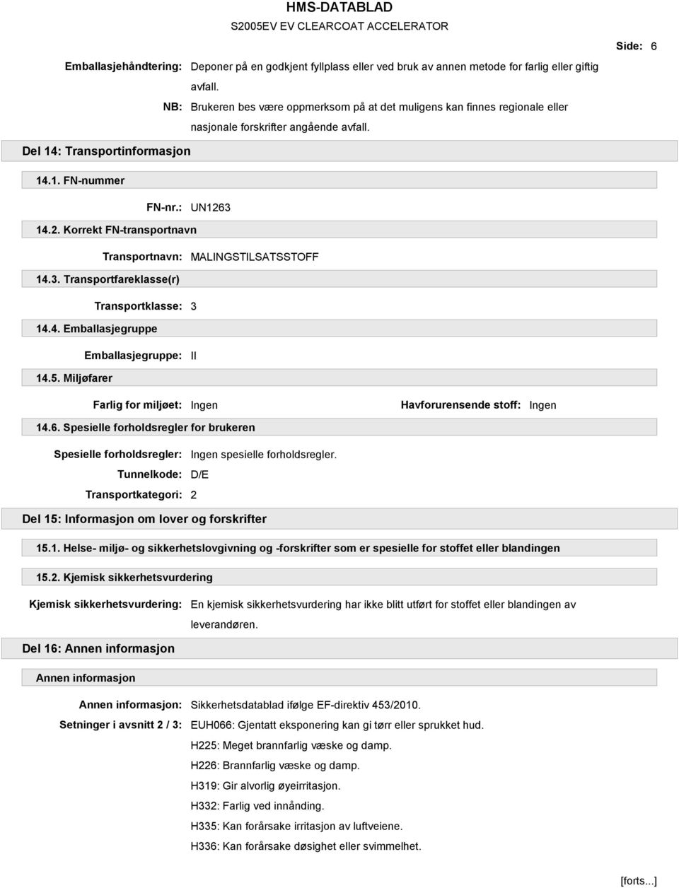 3 14.2. Korrekt FN-transportnavn Transportnavn: MALINGSTILSATSSTOFF 14.3. Transportfareklasse(r) Transportklasse: 3 14.4. Emballasjegruppe Emballasjegruppe: II 14.5.