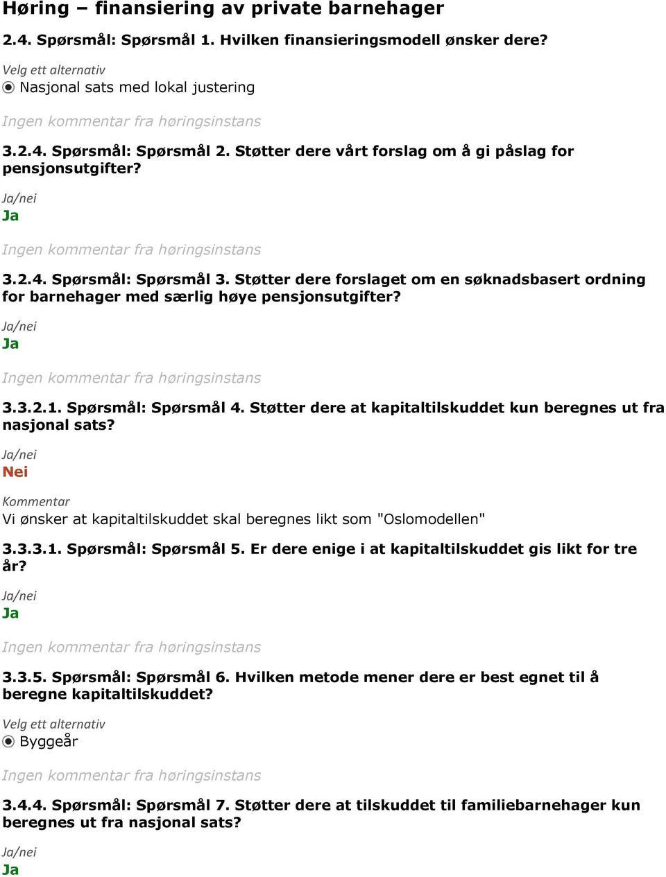 Spørsmål: Spørsmål 4. Støtter dere at kapitaltilskuddet kun beregnes ut fra nasjonal sats? Nei Kommentar Vi ønsker at kapitaltilskuddet skal beregnes likt som "Oslomodellen" 3.3.3.1.