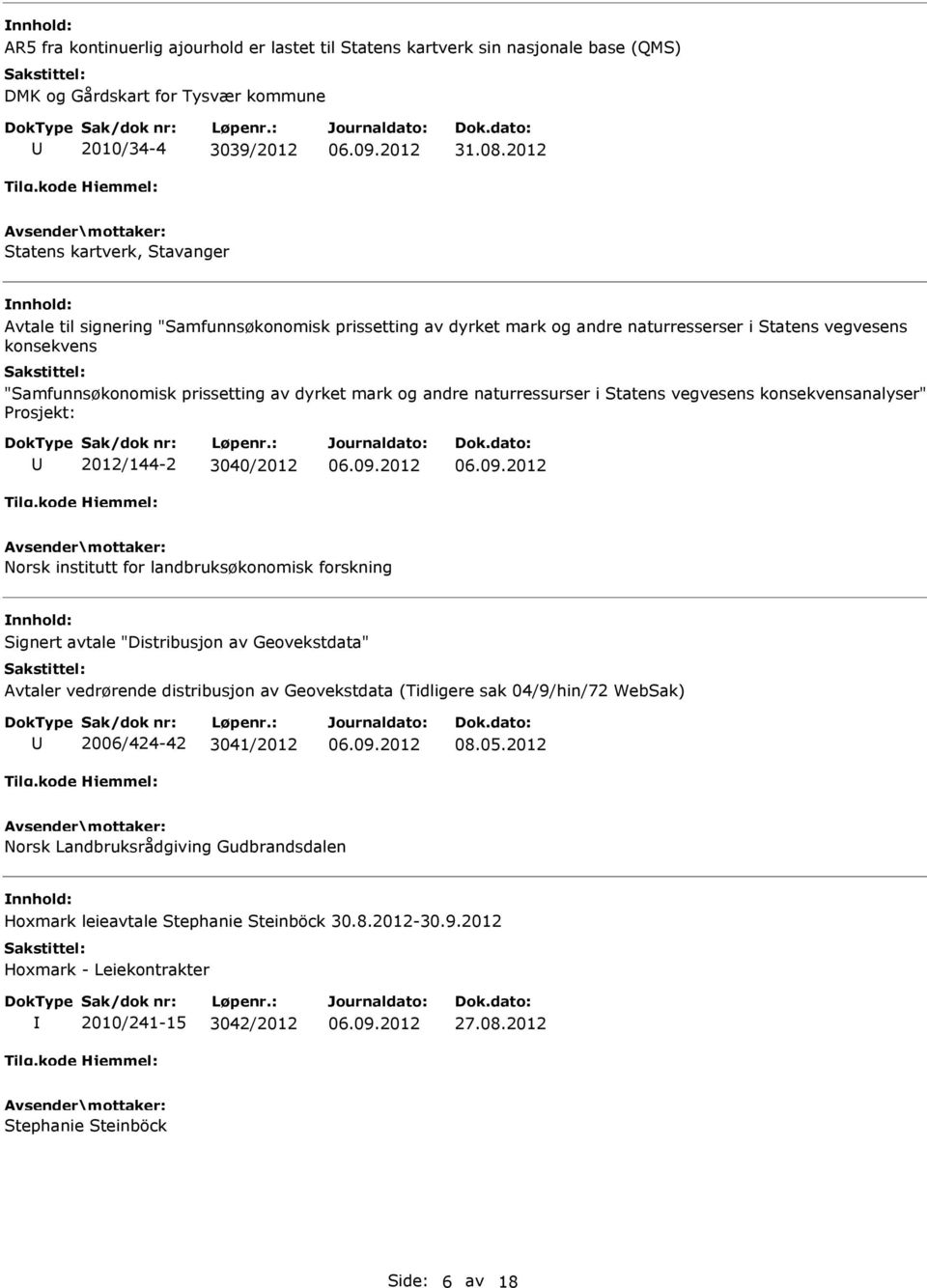 og andre naturressurser i Statens vegvesens konsekvensanalyser" Prosjekt: 2012/144-2 3040/2012 Norsk institutt for landbruksøkonomisk forskning Signert avtale "Distribusjon av Geovekstdata" vtaler