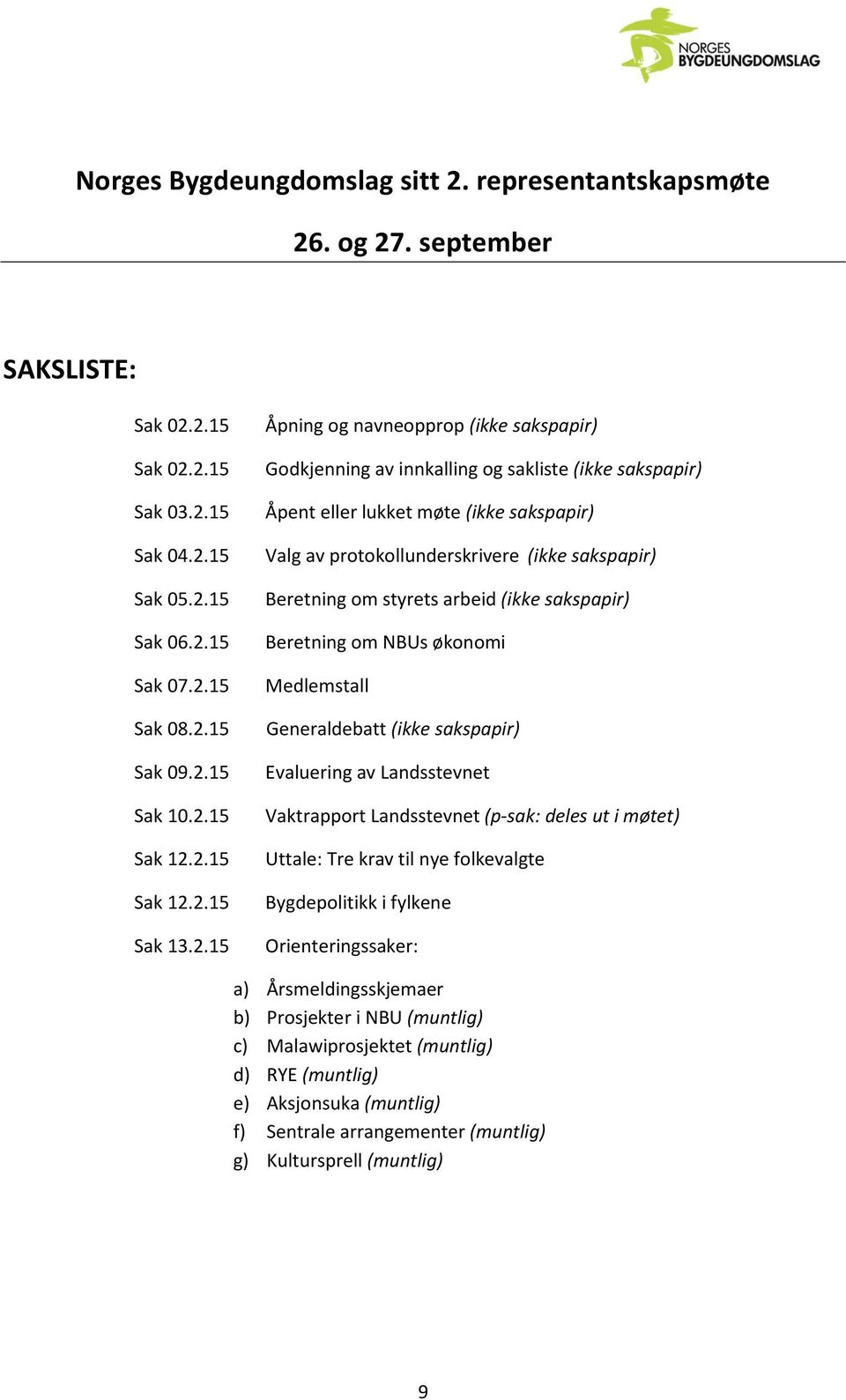 protokollunderskrivere (ikke sakspapir) Beretning om styrets arbeid (ikke sakspapir) Beretning om NBUs økonomi Medlemstall Generaldebatt (ikke sakspapir) Evaluering av Landsstevnet Vaktrapport