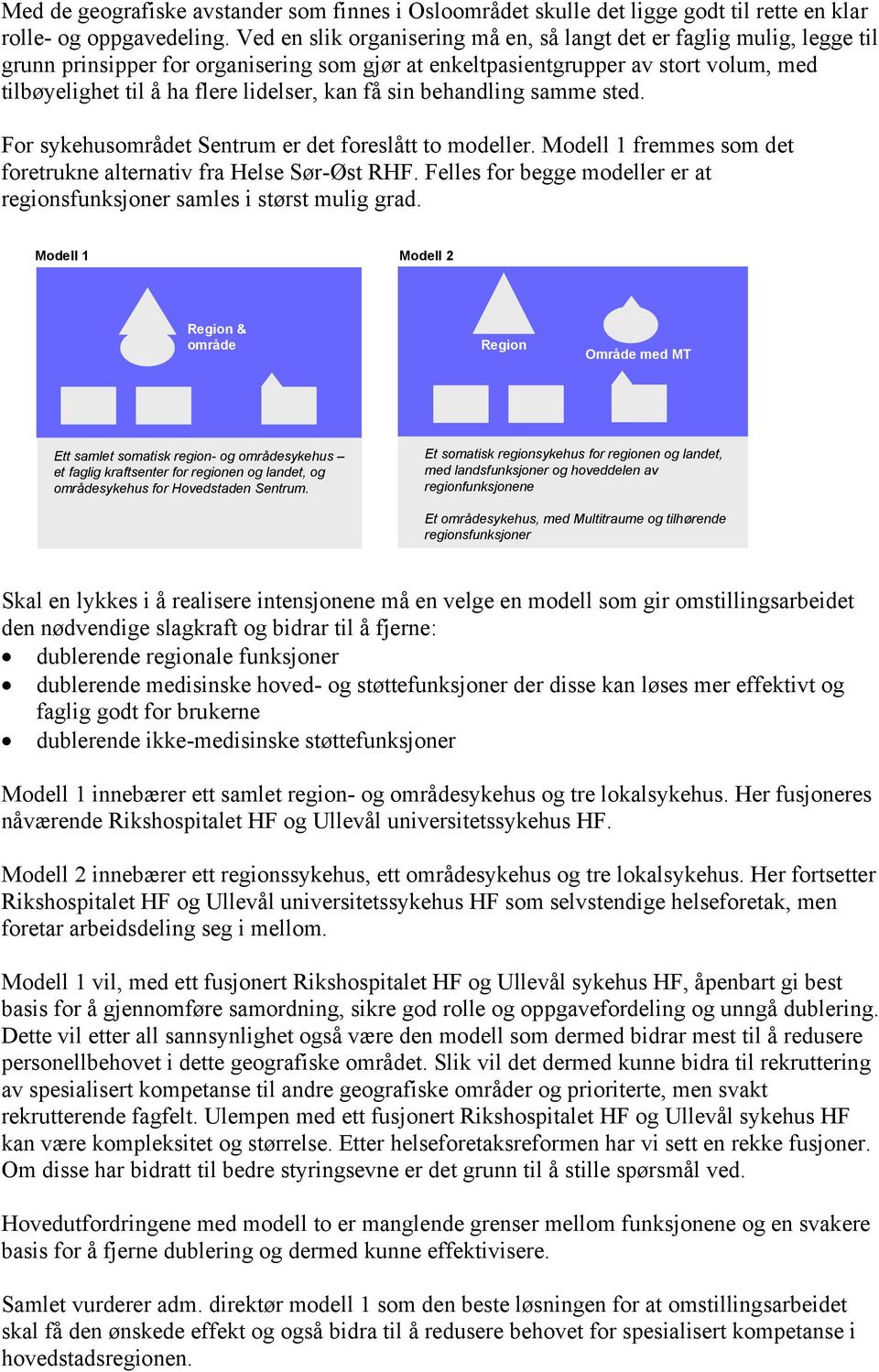 kan få sin behandling samme sted. For sykehusområdet Sentrum er det foreslått to modeller. Modell 1 fremmes som det foretrukne alternativ fra Helse Sør-Øst RHF.