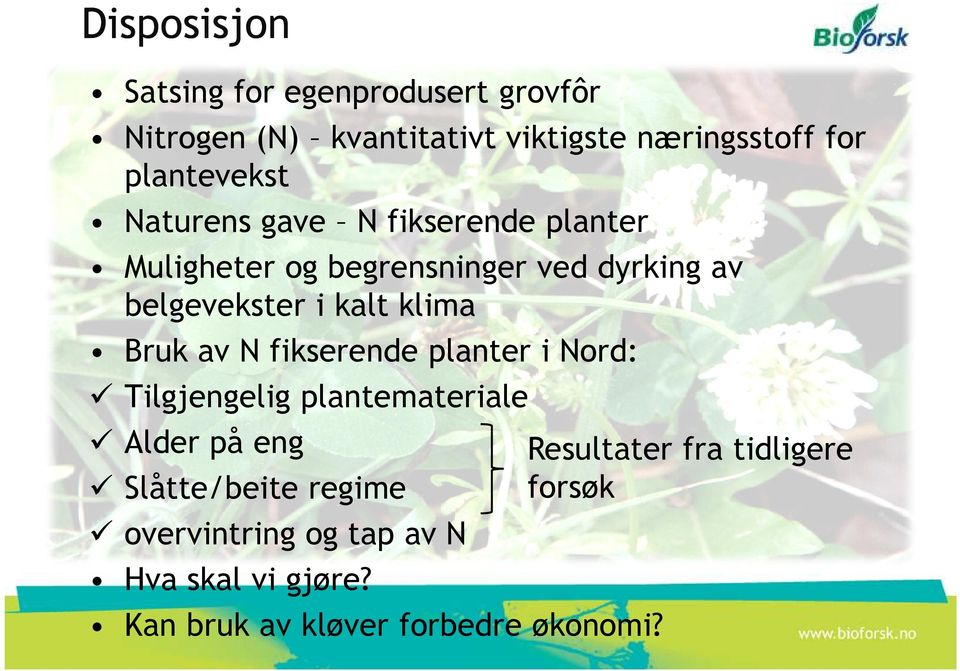 kalt klima Bruk av N fikserende planter i Nord: Tilgjengelig plantemateriale Alder på eng Resultater fra
