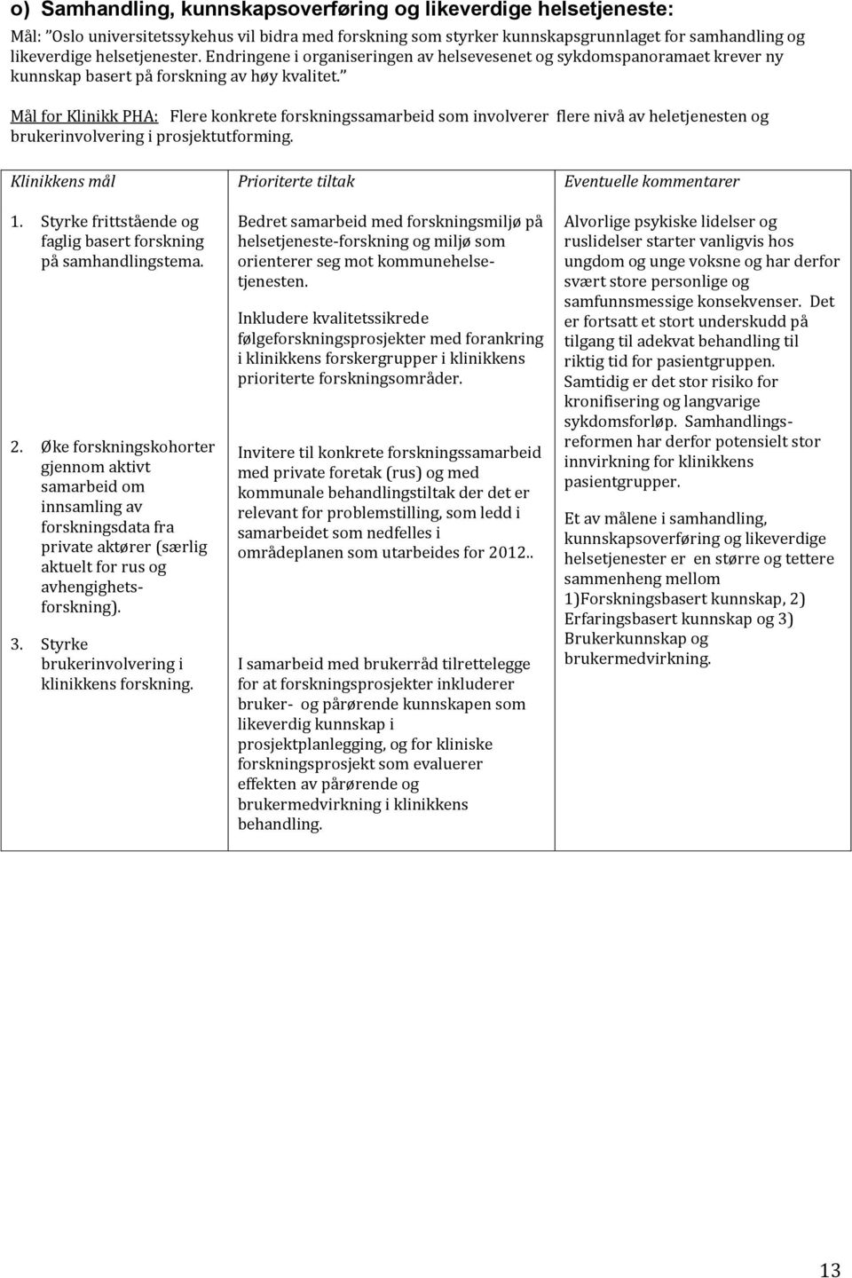 Mål for Klinikk PHA: Flere konkrete forskningssamarbeid som involverer flere nivå av heletjenesten og brukerinvolvering i prosjektutforming. 1.