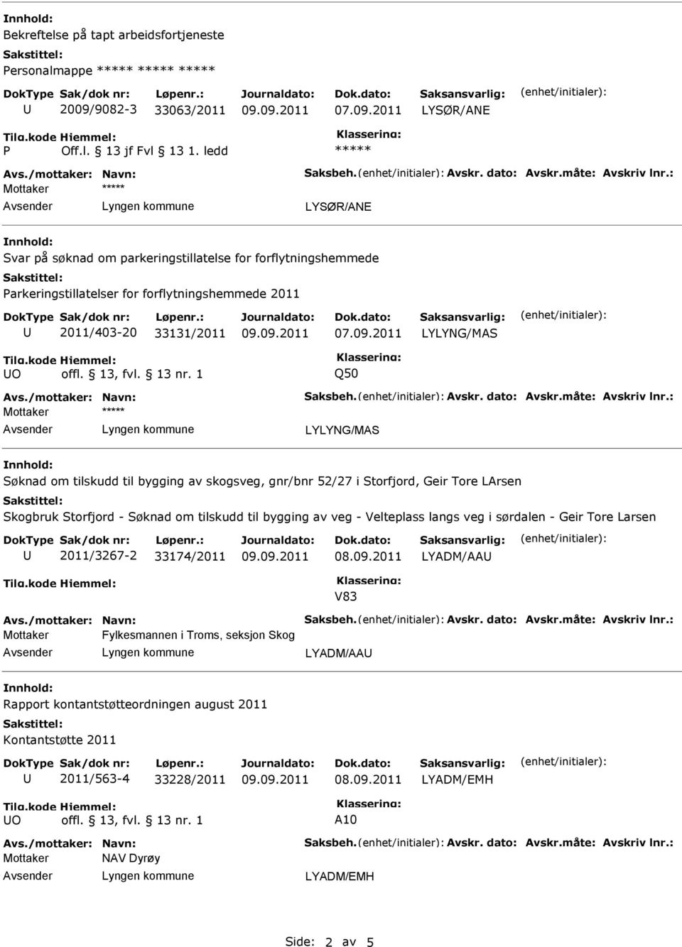 LArsen Skogbruk Storfjord - Søknad om tilskudd til bygging av veg - Velteplass langs veg i sørdalen - Geir Tore Larsen 2011/3267-2 33174/2011 LYADM/AA V83