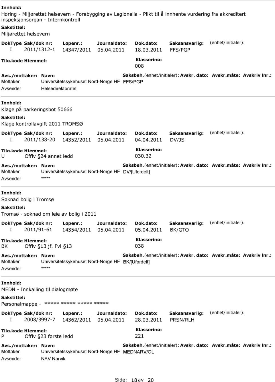 : Mottaker niversitetssykehuset Nord-Norge HF FFS/G Helsedirektoratet Klage på parkeringsbot 50666 Klage kontrollavgift 2011 TROMSØ 2011/138-20 14352/2011 DV/JS Offlv 24 annet ledd 030.32 Avs.