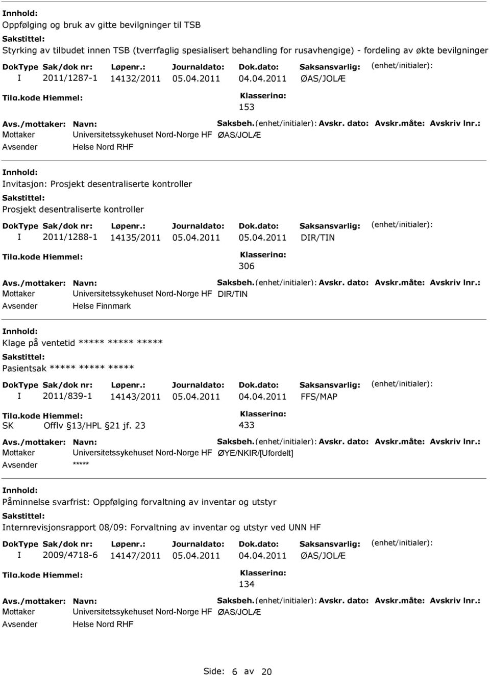 : Mottaker niversitetssykehuset Nord-Norge HF ØAS/JOLÆ Helse Nord RHF nvitasjon: rosjekt desentraliserte kontroller rosjekt desentraliserte kontroller 2011/1288-1 14135/2011 DR/TN 306 Avs.