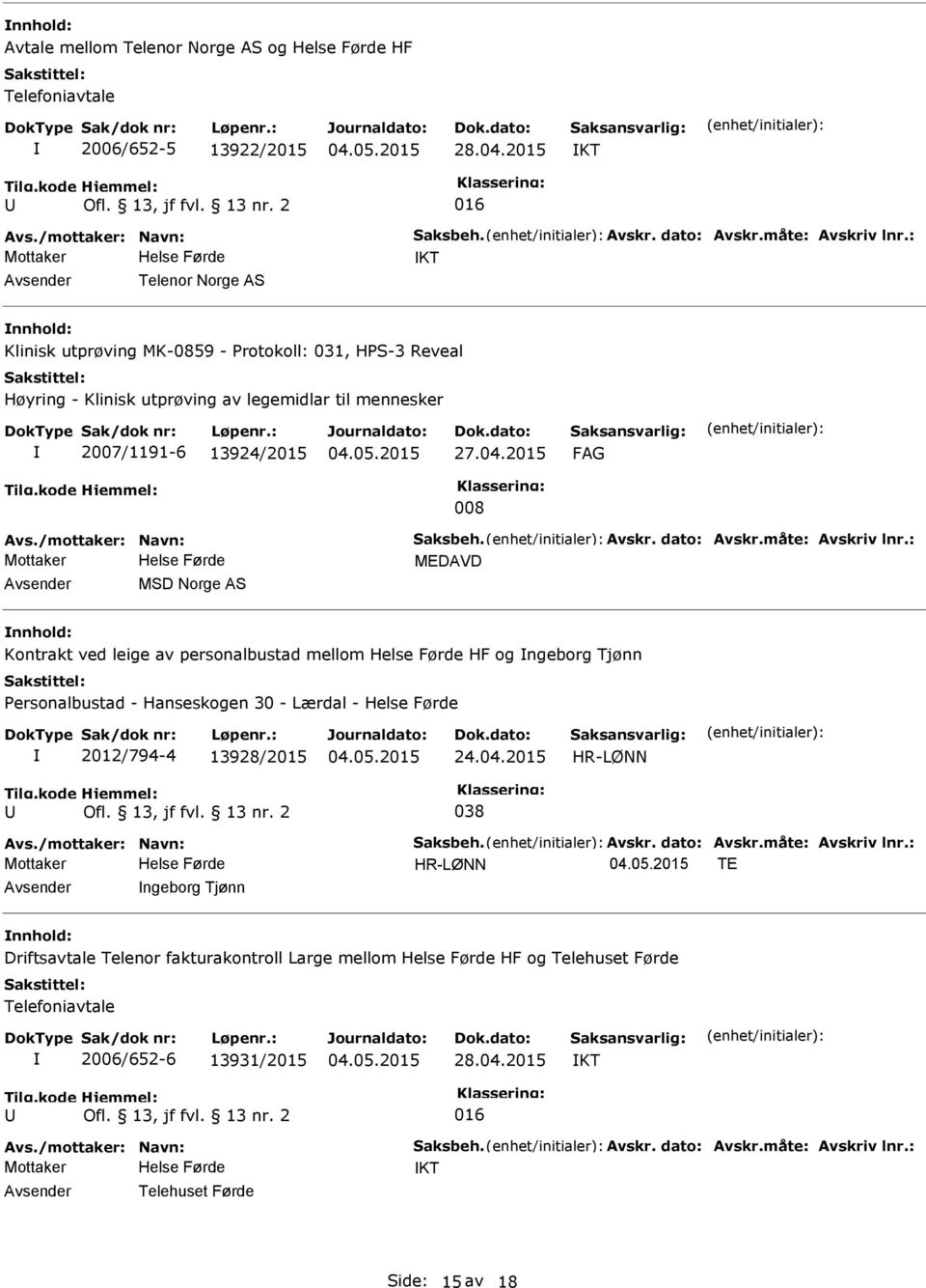 2015 008 Mottaker MEDAVD MSD Norge AS Kontrakt ved leige av personalbustad mellom HF og ngeborg Tjønn ersonalbustad - Hanseskogen 30 - Lærdal - 2012/794-4 13928/2015 24.04.