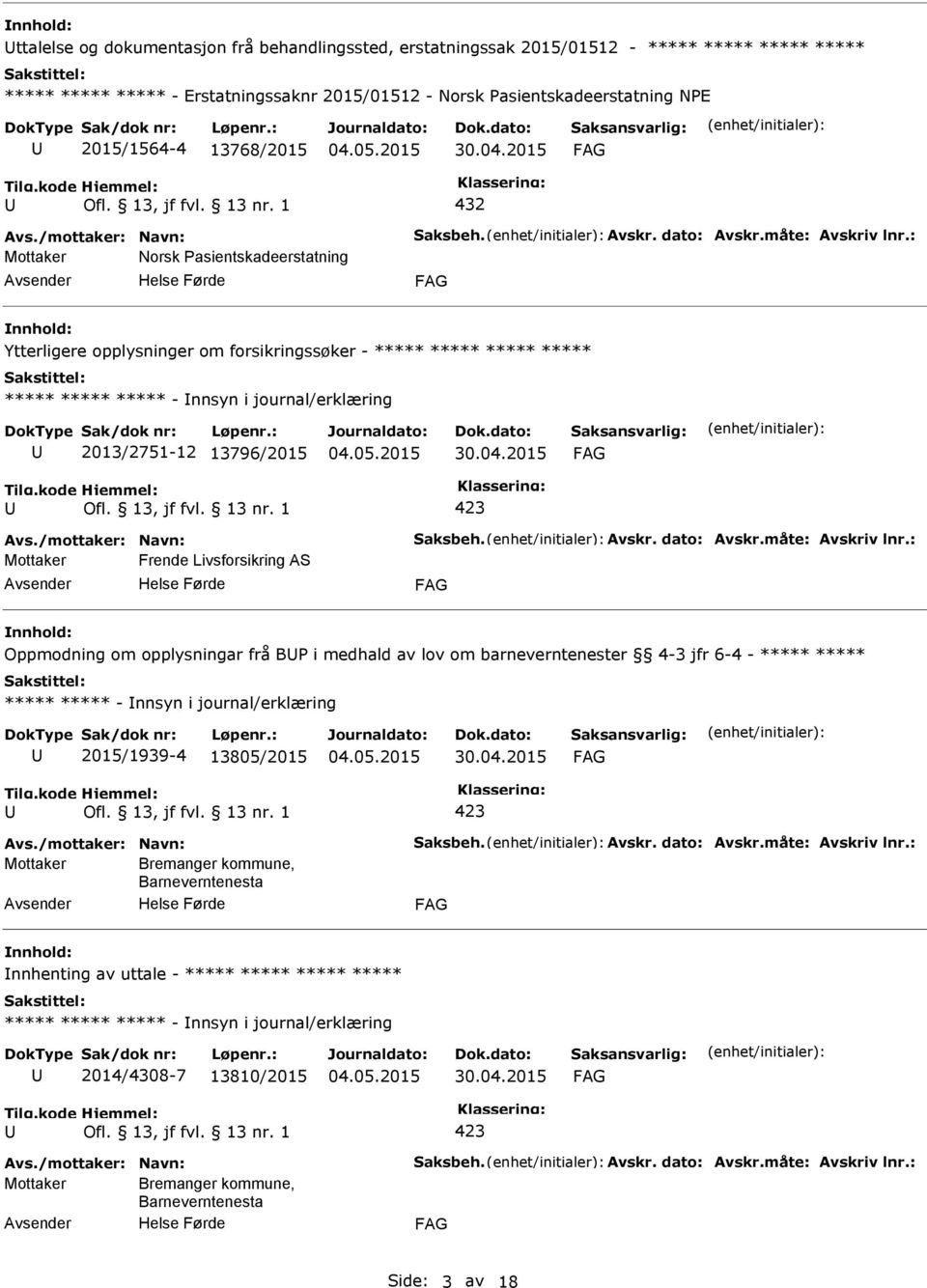 2015 432 Mottaker Norsk asientskadeerstatning Ytterligere opplysninger om forsikringssøker - ***** ***** ***** ***** ***** ***** ***** - nnsyn i journal/erklæring 2013/2751-12 13796/2015 30.04.