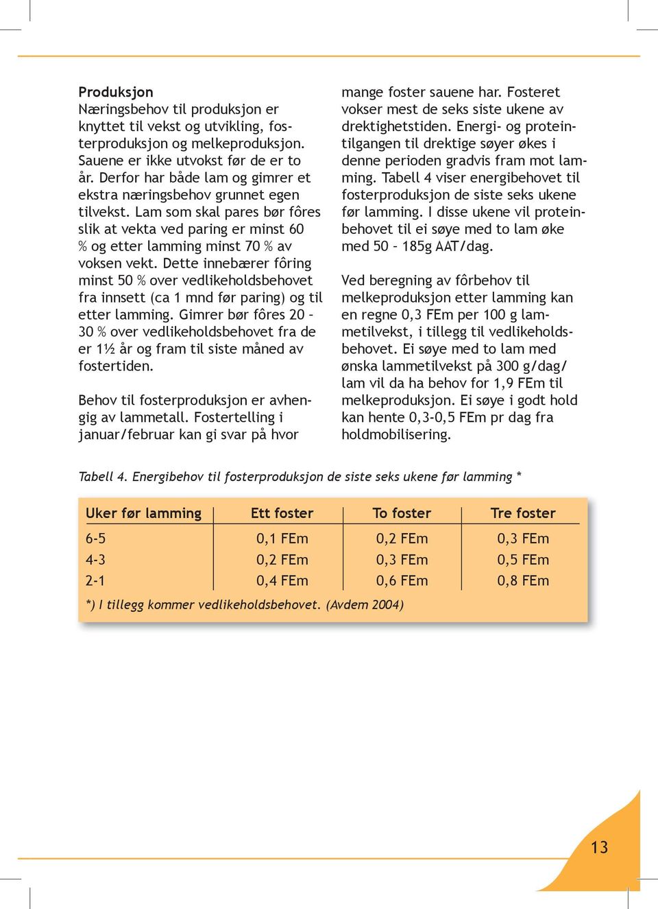 Dette innebærer fôring minst 50 % over vedlikeholdsbehovet fra innsett (ca 1 mnd før paring) og til etter lamming.