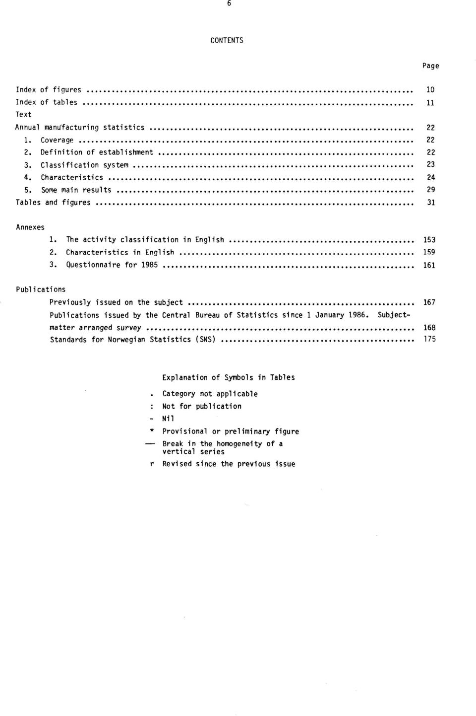 Questionnaire for 1985 161 Publications Previously issued on the subject 167 Publications issued by the Central Bureau of Statistics since 1 January 1986.