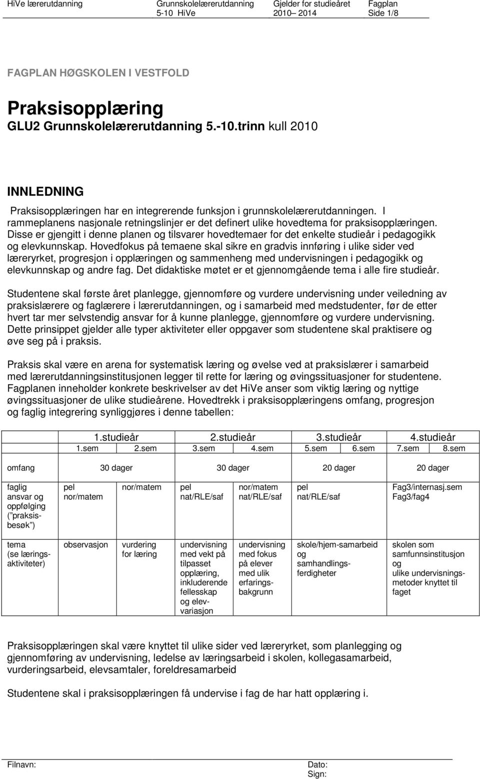 Disse er gjengitt i denne planen og tilsvarer hovedtemaer for det enkelte studieår i pedagogikk og elevkunnskap.