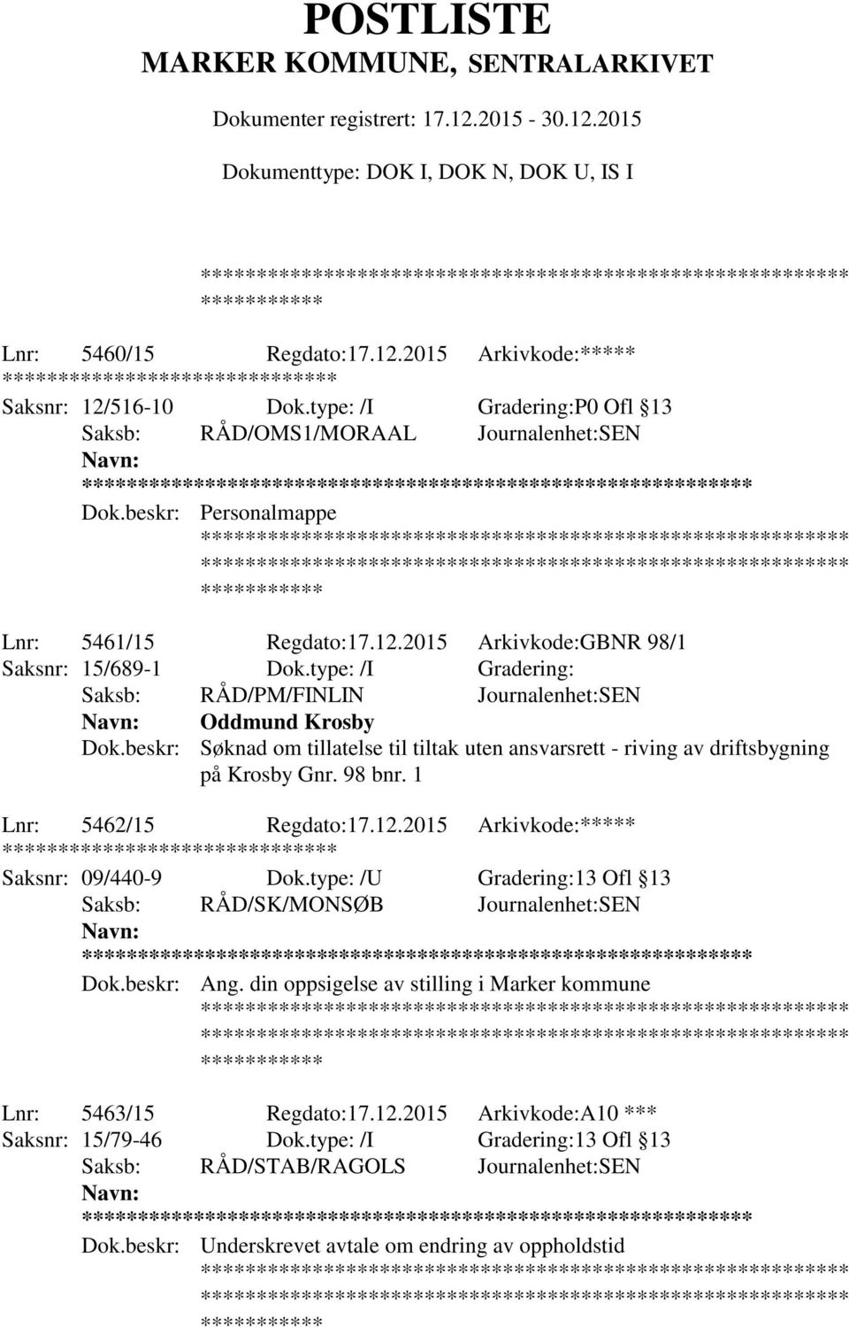 1 Lnr: 5462/15 Regdato:17.12.2015 Arkivkode:***** ******** Saksnr: 09/440-9 Dok.type: /U Gradering:13 Ofl 13 Saksb: RÅD/SK/MONSØB Journalenhet:SEN ** Dok.beskr: Ang.