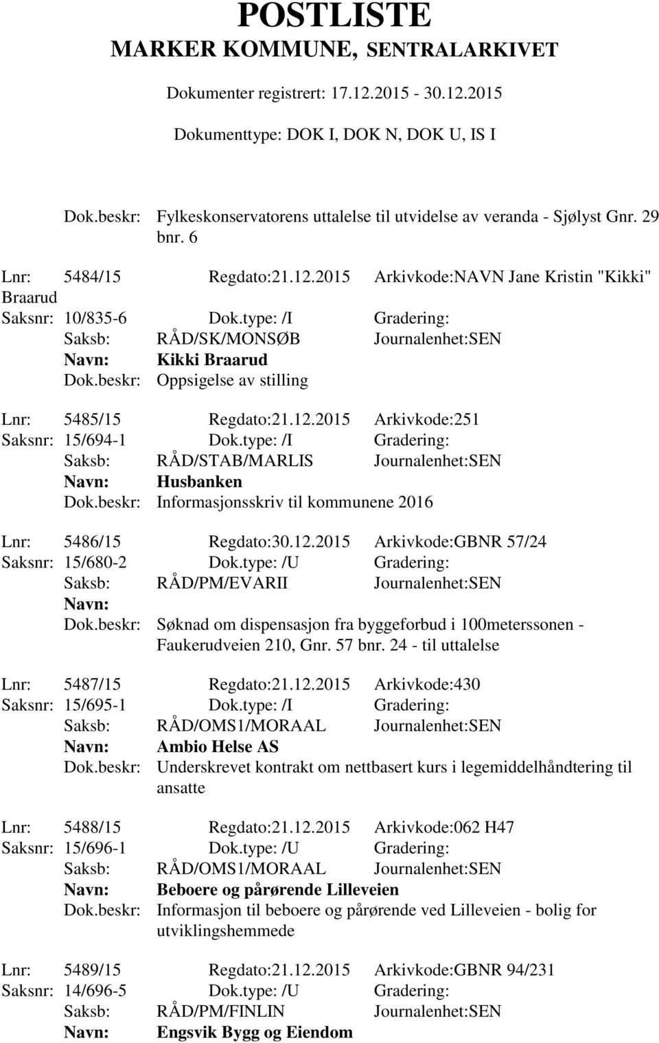 type: /I Gradering: Saksb: RÅD/STAB/MARLIS Journalenhet:SEN Husbanken Dok.beskr: Informasjonsskriv til kommunene 2016 Lnr: 5486/15 Regdato:30.12.2015 Arkivkode:GBNR 57/24 Saksnr: 15/680-2 Dok.