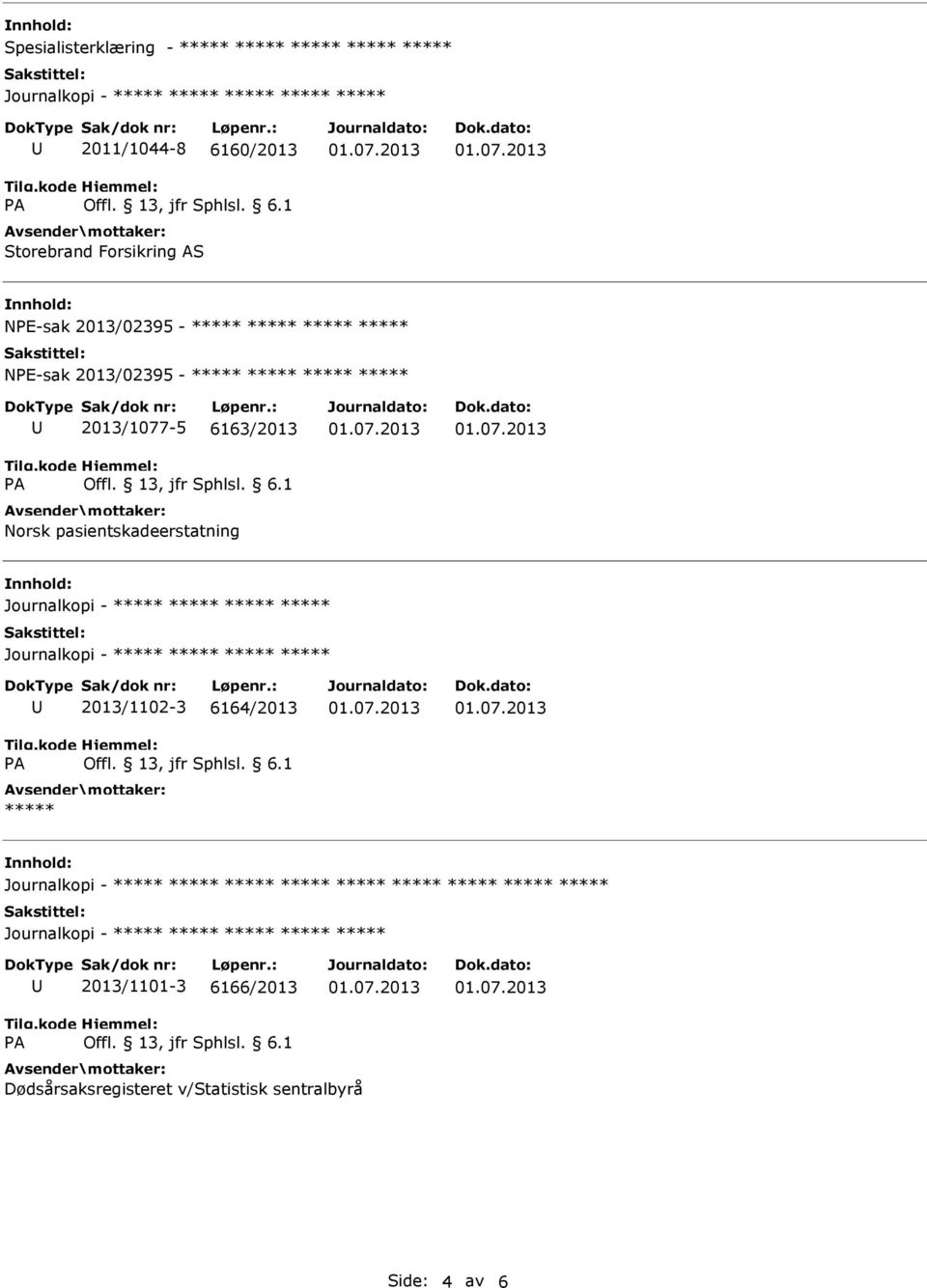 ***** ***** 2013/1077-5 6163/2013 Norsk pasientskadeerstatning 2013/1102-3 6164/2013 *****