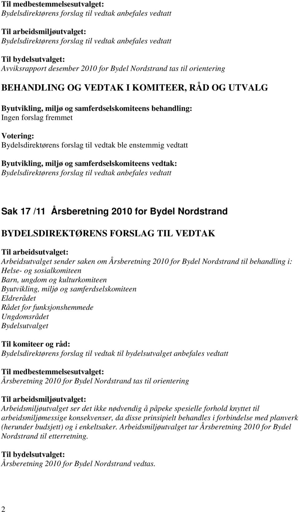 Bydelsutvalget Til medbestemmelsesutvalget: Årsberetning 2010 for Bydel Nordstrand tas til orientering Arbeidsmiljøutvalget ser det ikke nødvendig å påpeke spesielle forhold knyttet til