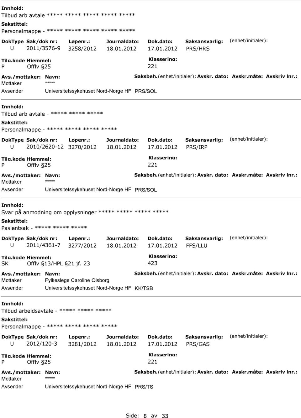 måte: Avskriv lnr.: niversitetssykehuset Nord-Norge HF RS/SOL Svar på anmodning om opplysninger ***** ***** ***** ***** asientsak - ***** ***** ***** 2011/4361-7 3277/2012 FFS/LL Offlv 13/HL 21 jf.