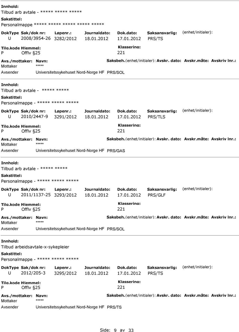 måte: Avskriv lnr.: niversitetssykehuset Nord-Norge HF RS/GAS Tilbud arb avtale - ***** ***** ersonalmappe - ***** ***** ***** 2011/1137-25 3293/2012 RS/GLF Avs./mottaker: Navn: Saksbeh. Avskr. dato: Avskr.