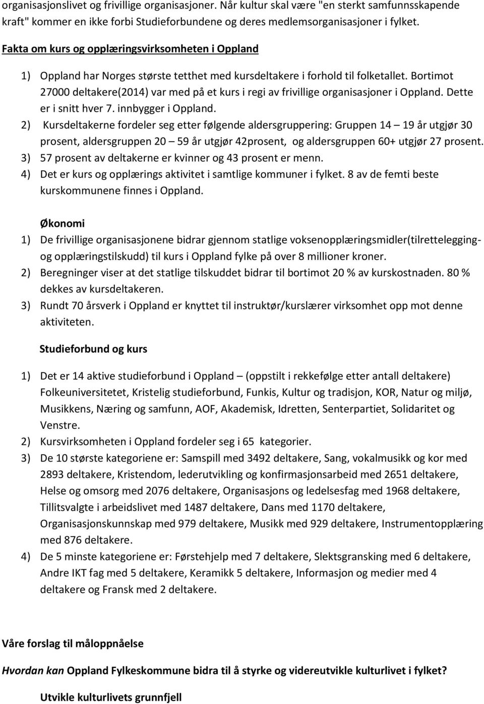 Bortimot 27000 deltakere(2014) var med på et kurs i regi av frivillige organisasjoner i Oppland. Dette er i snitt hver 7. innbygger i Oppland.