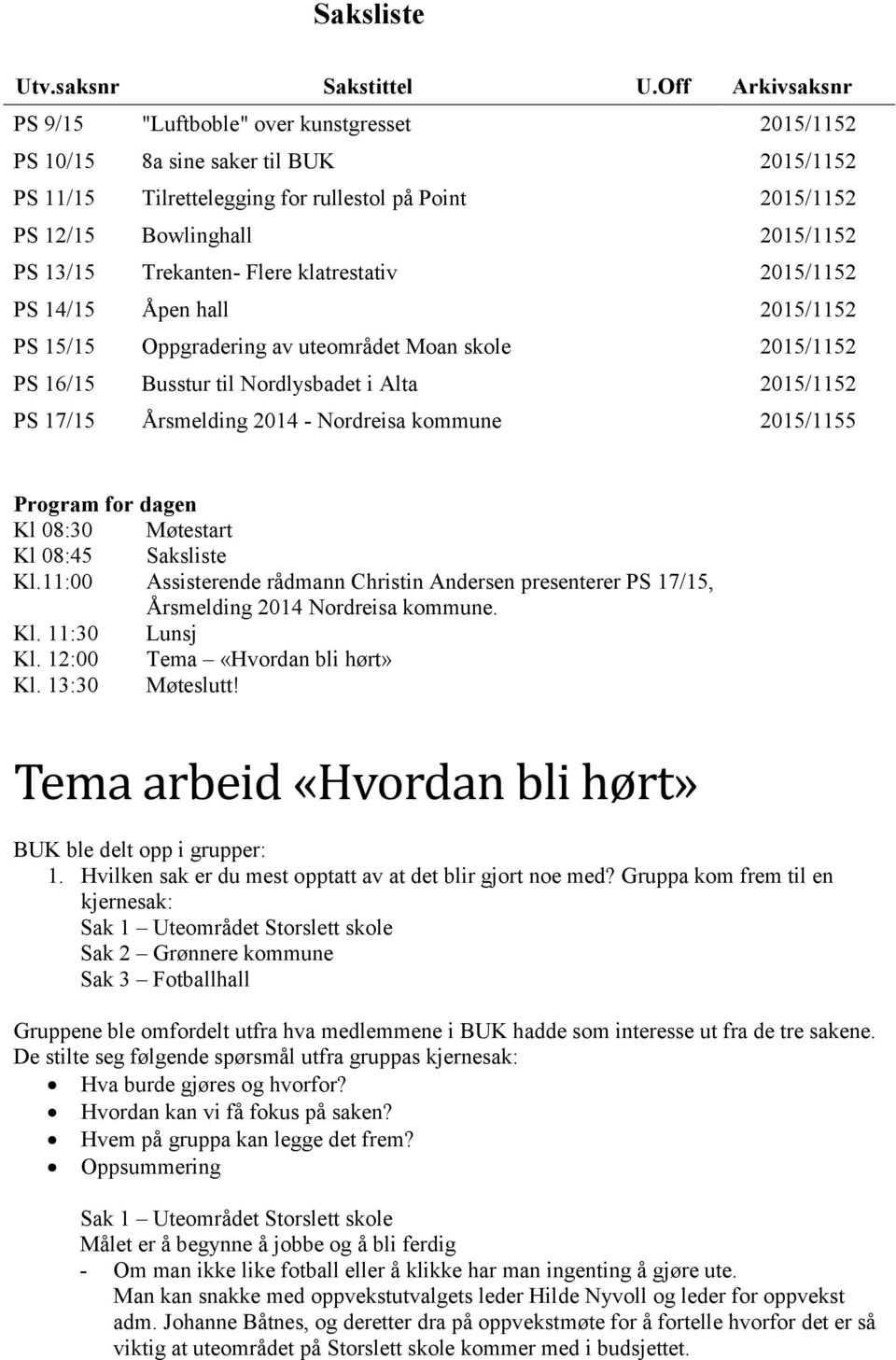 13/15 Trekanten- Flere klatrestativ 2015/1152 PS 14/15 Åpen hall 2015/1152 PS 15/15 Oppgradering av uteområdet Moan skole 2015/1152 PS 16/15 Busstur til Nordlysbadet i Alta 2015/1152 PS 17/15