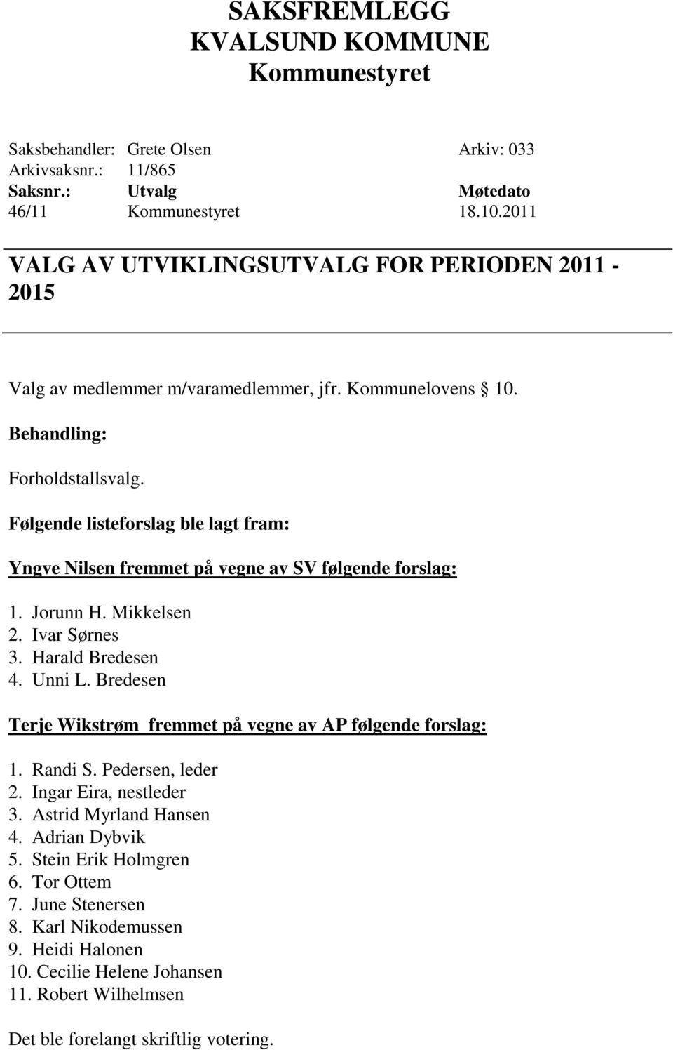 Harald Bredesen 4. Unni L. Bredesen Terje Wikstrøm fremmet på vegne av AP følgende forslag: 1. Randi S. Pedersen, leder 2. Ingar Eira, nestleder 3. Astrid Myrland Hansen 4.