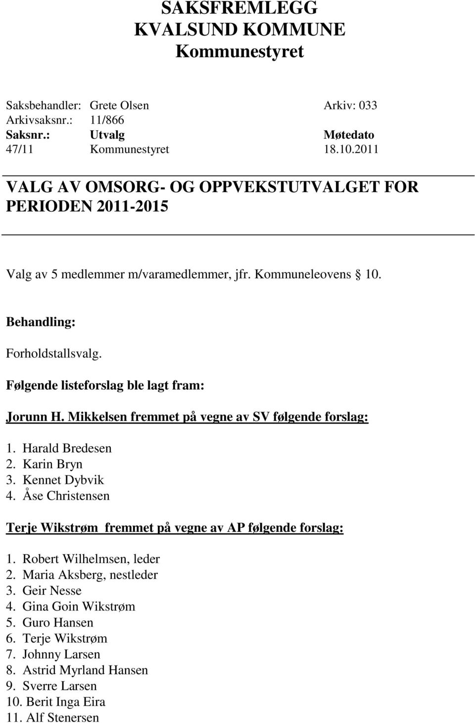 Følgende listeforslag ble lagt fram: Jorunn H. Mikkelsen fremmet på vegne av SV følgende forslag: 1. Harald Bredesen 2. Karin Bryn 3. Kennet Dybvik 4.