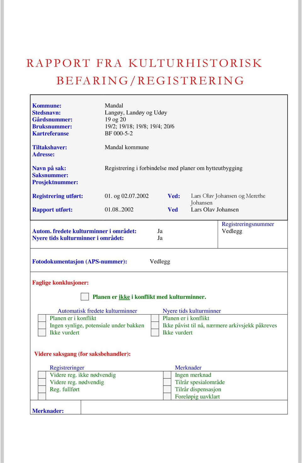 2002 Ved: Lars Olav Johansen og Merethe Johansen Rapport utført: 01.08..2002 Ved Lars Olav Johansen Registreringsnummer Autom.